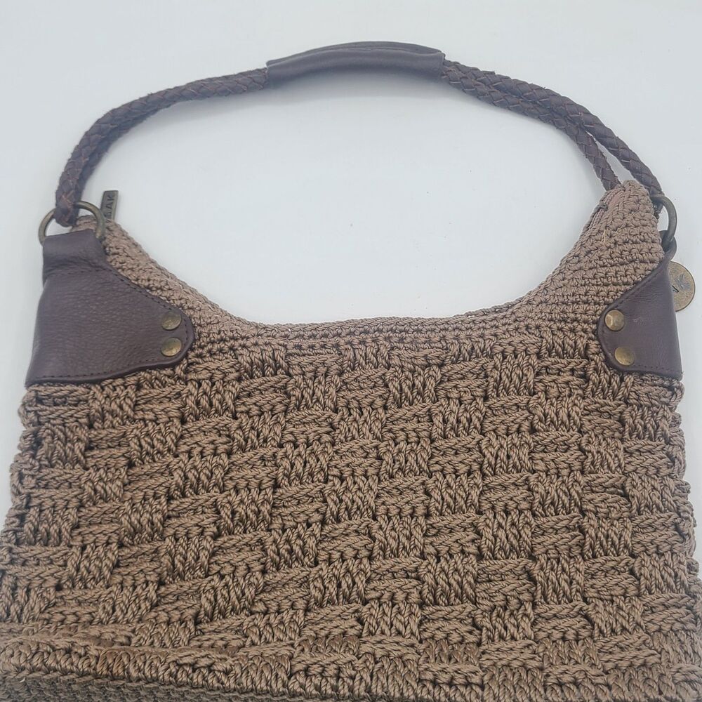 The Sak Handbag Brown Crochet Nylon Lined Purse Leather Trim w/ Leather Strap